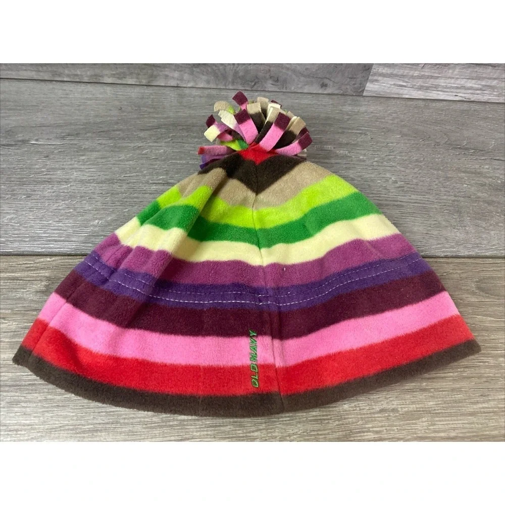 Old Navy‎ Stripe Fleece Beanie Hat OS Multicolor Excellent Pom Pom Winter Logo